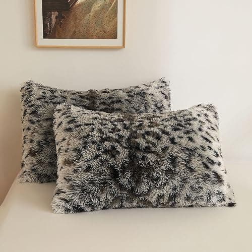 XeGe Leopard Faux Fur Fluffy Pillowcases, Plush Shaggy Soft Long Pillow Covers, Fuzzy Decorative Cheetah Print Pillow Cases, Furry Pillow Shams for Bed Sofa Zipper Closure, 2 Pack(Standard, Grey) - Image 1