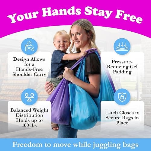 Click & Carry Grocery Bag Carrier Handle - Carry More in Fewer Trips, 100lb Capacity, Hands-Free, Gel-Padded Ergonomic Design, Shopping & Grocery Bag Holder - As Seen On Shark Tank, Purple, 2 Pack thumbnail 3