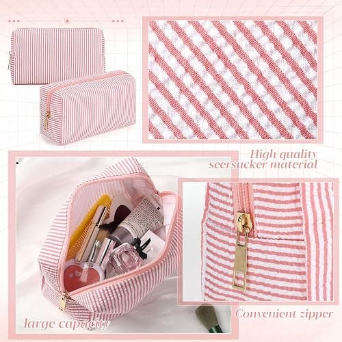 Sanwuta 6 Pcs Seersucker Cosmetic Bags Bulk, Striped Zippered,Coral Pink | Makeup Bags Women Pouch, Large Preppy Storage Toiletry Travel Pouch for Wedding Bridesmaid Bride Favor Back to Teacher Gift thumbnail 4