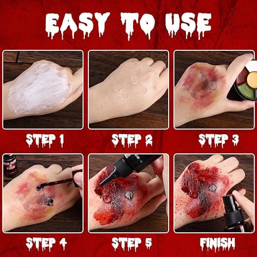 Special Effects SFX Halloween Makeup Kit - Bruise Makeup Face Body Painting Palette, Scar Wax, Liquid Latex, Fake Blood Splatter Spray, Coagulated Blood Gel, Stipple Sponges, Cotton Swab thumbnail 4
