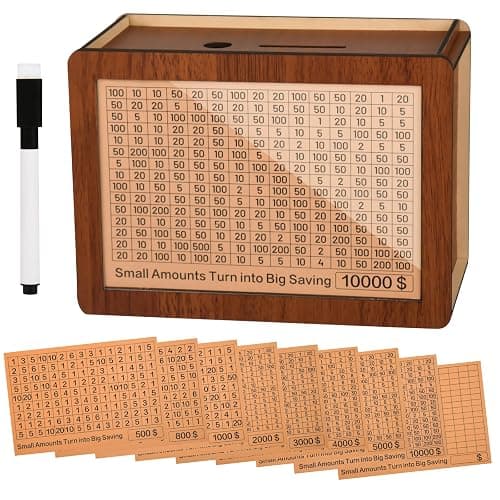 10000 Kakeibo Wooden Money Saving Challenge Box Cash Vault Piggy Bank for Adults Kids Savings Goals Smash Box Saver (10 Amounts) - Image 1