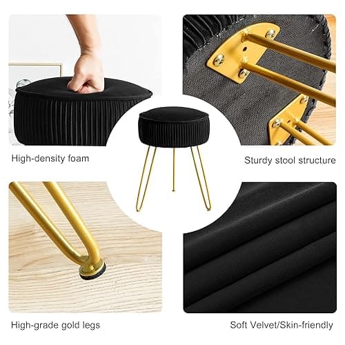 LUE BONA Pleated Vanity Stool, Velvet Upholstered Vanity Stool for Makeup Room, Ottoman Footrest with Metal Legs for Living Room, Bedroom, Black thumbnail 6