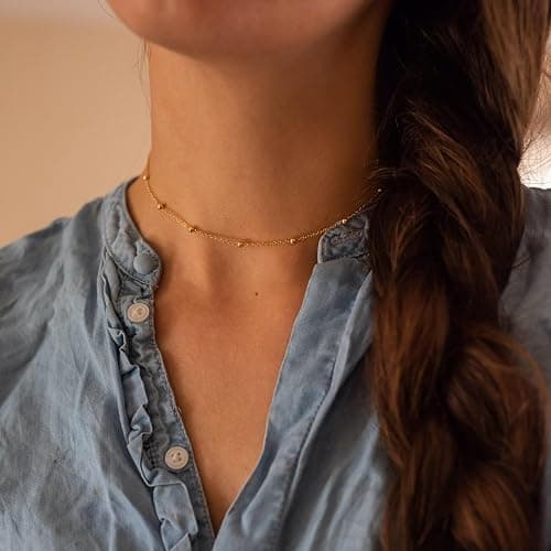 Tewiky Gold Chain Necklace for Women, 14k Gold Plated Thin Beaded Wave Box Necklace Dainty Simple Layered Choker Minimalist Link Chain Necklace Trendy Jewelry for Women thumbnail 4