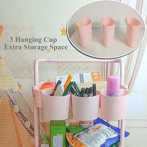 Ceeyali 3-Tier Rolling Utility Cart Storage Organizer Shelf Cart with Lockable Wheels and 3PCS Cups and 8PCS Hooks for Home Kitchen,Bathroom,Office,Laundry Room etc. (3 Cup 8 Hook Pink) - 3 Cup 8 Hook Pink thumbnail 5
