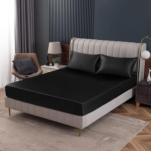 Homiest Black Satin Fitted Sheet Queen Size, Deep Pocket, Luxury & Ultra Soft Bedding - Queen - Fitted - Black thumbnail 9