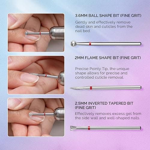 MelodySusie 3Pcs Cuticle Cleaner Nail Drill Bits Set, 3/32'' Safety Carbide Diamond Bits, Ball, Flame and Inverted Tapered Bits, Suitable for Cuticle Dead Skin Nail Prepare, Silver thumbnail 4