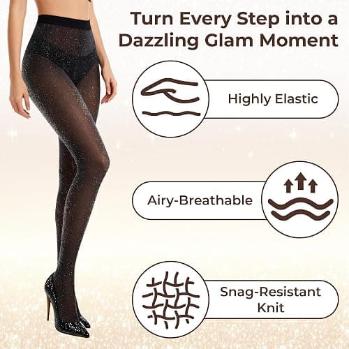 Pularlegs Women's Sparkly Metallic Shimmer Tights - 20D Glitter Pantyhose, 2 Pairs (Black/Gold & Black/Silver) thumbnail 5