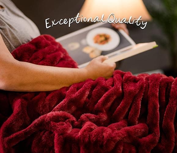 Chanasya Premium Ruched Faux Fur Throw Blanket - Luxurious, Soft Reversible Mink Blanket - 50" x 65” - Red Maroon thumbnail 4