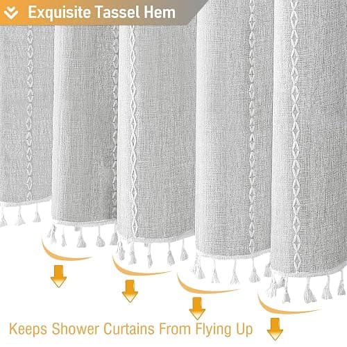 BTTN Gray Boho Farmhouse Shower Curtain, Linen Rustic Weighted Striped Fabric Shower Curtain Set with Tassel, Water Repellent, Bohemian Vintage Country Cloth Shower Curtain for Bathroom, Grey, 72x72 - Grey - 72"W x 72"L (Pack of 1) thumbnail 7