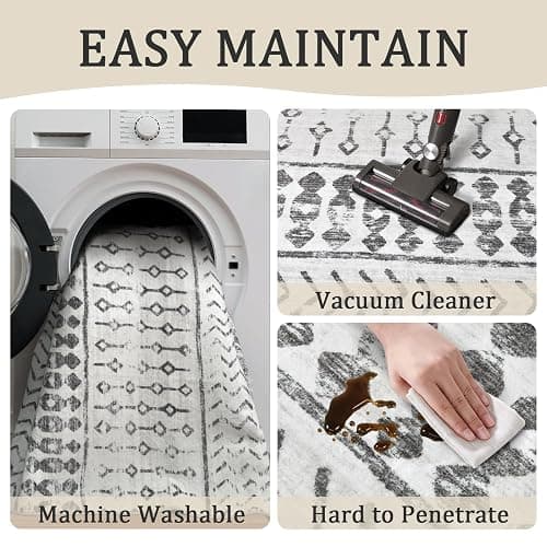 6x9 Machine Washable Area Rug for Living Room, Grey White Vintage Moroccan Rug Large Non-Slip Low Pile Soft Faux Wool Carpet, Kids and Pets Friendly for Bedroom Dining Room Farmhouse Home Decor Rug thumbnail 5