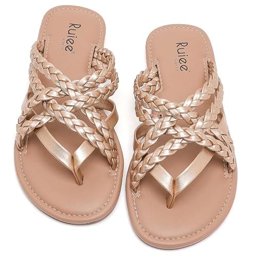 Ruiee Wide Width Sandals for Women, Summer Wide Feet Flip Flops Flat Slides Casual Braided Comfort Slip on Breathable Cute Sandal. thumbnail 5