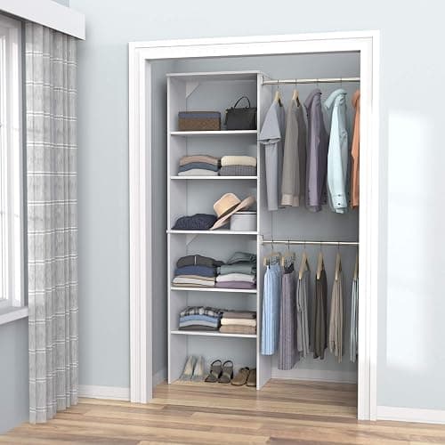 ClosetMaid SuiteSymphony Wood Closet Organizer Starter Kit Tower and 3 Hang Rods, Shelves, Adjustable, Fits Spaces 5 – 10 ft. Wide, Pure White, 25" thumbnail 10
