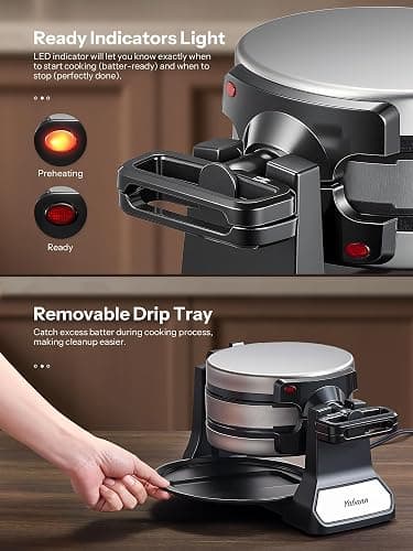 Belgian Waffle Maker, Classic Rotating Waffle Iron with Nonstick Plates, Removable Drip Tray and Cool Touch Handles, Double Flip Waffle, Rotating Belgium Waflera Maker by Yabano, Brushed Stainless thumbnail 4