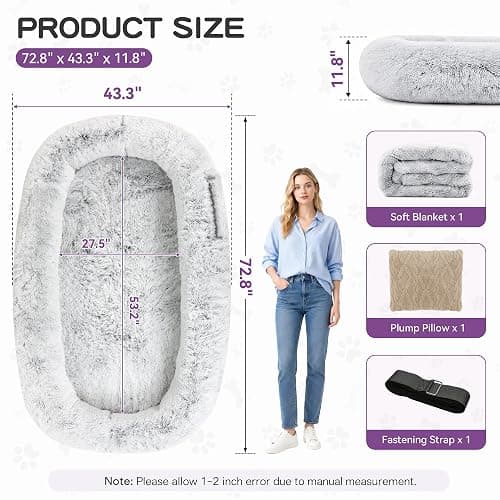 LOVEPals Grey Human Dog Bed - 71''x45''x12'' Size Fits Adult and Pet | Washable Giant People DogBed 3.93'' Thick Memory Foam Large Oversize Dog Bed with Plump Pillow, Blanket, Strap thumbnail 2