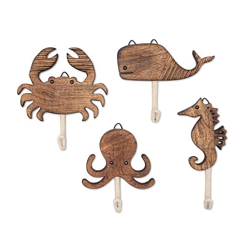Crane Baby Sea Life Wooden Wall Hooks - Set of 4 Wooden Ocean Nursery Decor Towel Hooks, Brown - Image 1