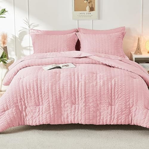 HYMOKEGE Pink Full Size Comforter Sets Seersucker 7 Pieces, All Season Luxury Bed in a Bag for Bedroom, Bedding Set with Comforters, Sheets, Pillowcases & Shams thumbnail 9