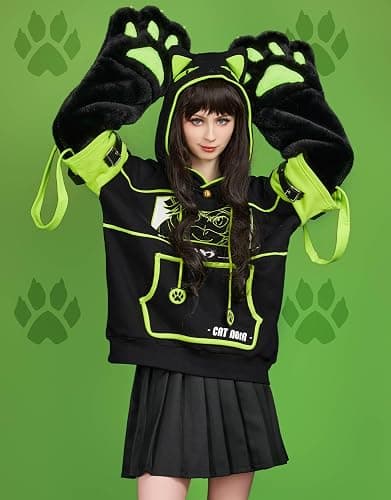 Micotaku Women's Miraculous Cat Noir Pullover Hoodie Detachable Furry Cat Paw Gloves Handbag Hooded Sweatshirt thumbnail 6
