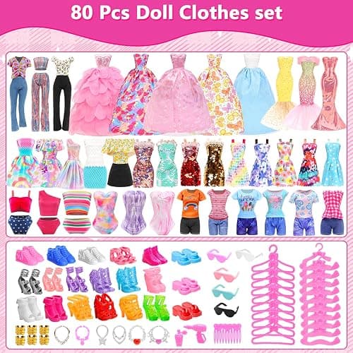 57 PCS Doll Clothes and Accessories 3 Wedding Gowns 3 Tops 3 Pants 3 Fashion Dresses 1 Evening Dresses 2 Swimsuits Bikini 6 Braces Skirt 10 Hangers 15 Shoes and 14 Accessories Toys for 11.5 inch Doll thumbnail 6