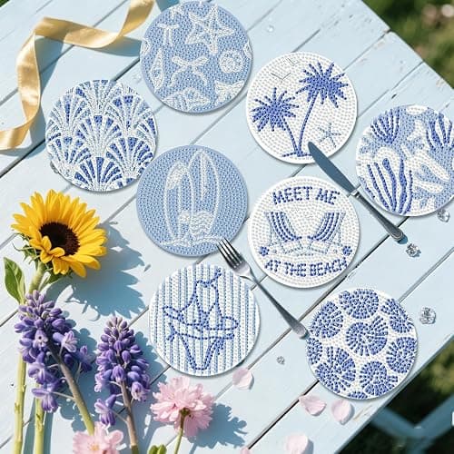 8Pcs Beach Diamond Art Coasters Kits, Summer Diamond Painting Coasters Kits | Coastal Diamond Dot Coasters for Adults Crafts 5D Gem Art Kit Easy Crafts, Non Slip Coaster for Home Decor Gift Ocean DIY thumbnail 2