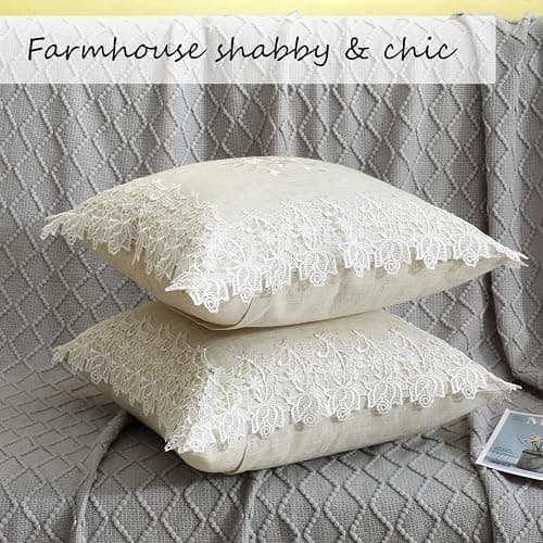 K MASANIJI 2 Pack Embroidered Spring Floral Throw Pillow Cover 18x18 inches, Farmhouse Off White Rose Lace Linen Blended Pillow Shams, Decorative (White Rose, Linen Blended) thumbnail 3