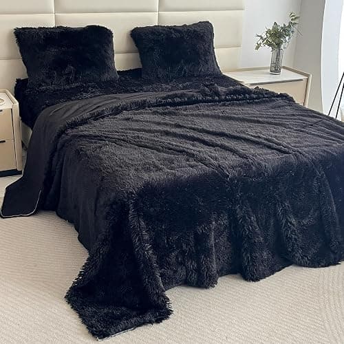 chovy Faux Fur Black Full Sheet Set with Extra Soft Plush Velvet Flannel Fluffy Fuzzy (Pillowcase x 2, Flat Sheet x 1, Fitted Sheet x 1) thumbnail 3
