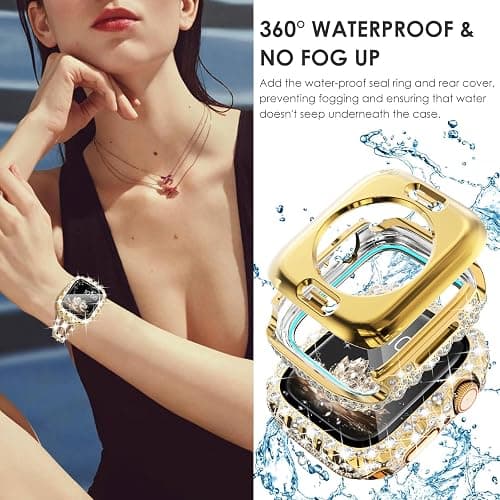 Surace Gold Apple Watch Bands 40mm for Women Series 6 5 4, Bling Diamond Rhinestone Link Bracelet with 2 in 1 Waterproof Bling Case Lace Edge Diamond Protective Bumper Face Cover, Gold thumbnail 2