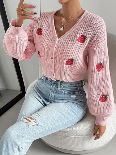 WDIRARA Women's Strawberry Embroidery Crop Cardigan Drop Shoulder Button Up Sweater Tops V Neck Outerwear thumbnail 3