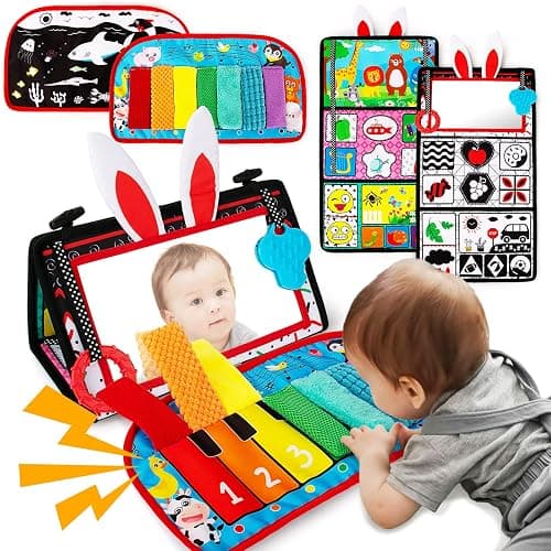 Inbeby Tummy Time/Baby Mirror Toys, Black and White High Contrast Tabletop Mount Baby Newborn Toys 0 3 6 Months Brain Development, Sensory Texture Piano Infant Toys 0 3 6 Months with Squeaker - Image 1