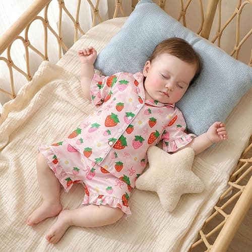 Kavousa Toddler Baby Girls Birthday Pajamas Donut Cake Bow Print Ruffle Shirt Shorts Little Girls Summer Sleepwear Outfits thumbnail 4