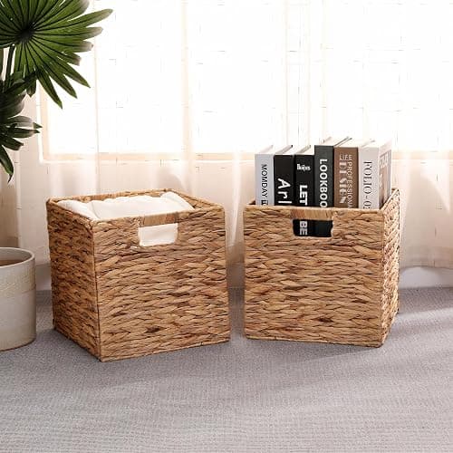 HOYCYA6 11x11in Wicker Storage Basket Set of 2 Collapsible Hyacinth Cube Storage Baskets,Storage Bins for Organizing Storage Basket with Built-in Handles thumbnail 2