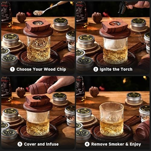 Whiskey Smoker Kit with Torch - 6 Flavors Wood Chips, 2 Glasses, 2 Ice Ball Molds - Cocktail Smoker Infuser Kit, Old Fashioned Drink Smoker Kit, Birthday Bourbon Whiskey Gifts for Men,Dad(NO Butane) thumbnail 7