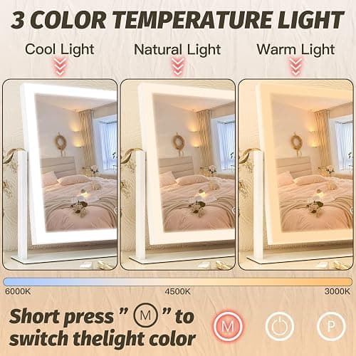 FENNIO Vanity Mirror with Lights 13'' x 17'' Makeup Mirror with Lights,Vanity Mirror Touch Screen with 3-Color Lighting,Dimmable,for Vanity Desk Bedroom White thumbnail 3