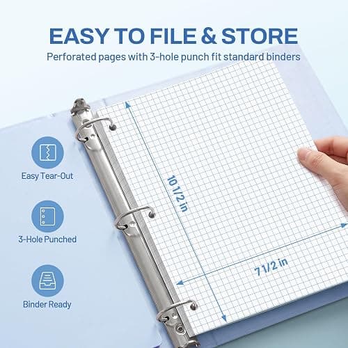 SUNEE Spiral Notebook, 1-Subject, Graph Ruled Paper, 8" x 10-1/2", 100 Sheets per Notebook, 3-Hole Punched Paper, Water Resistant Cover, Spiral Grid Notebooks for Work, Home, School, Grey Blue thumbnail 6