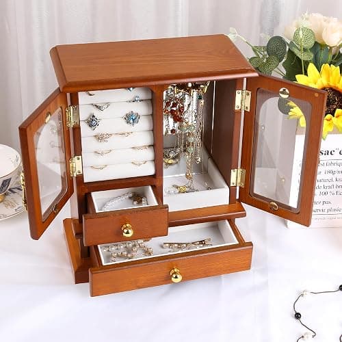 Kendal Wooden Jewelry Box for Women, Graduation Gift Solid Jewelry Holder Organizer, Mothers Day Gifts Wood Jewelry Case with Mirror for Necklaces, Earring, Rings (2 Side Door, Oak) thumbnail 2