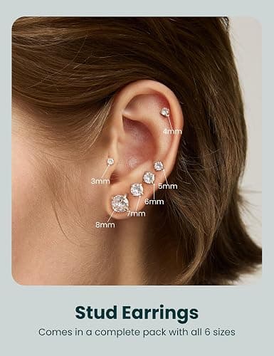 6 Pairs Stud Earrings Set, Hypoallergenic Cubic Zirconia 316L Earrings Stainless Steel CZ Earrings 3-8mm (Steel color) thumbnail 2