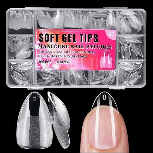 360pc Short Almond Nail Tips, Soft Gel Nail Tip Almond Fake Nails Artificial Fingernail, 15 Sizes Full Cover Clear Press on Nail Short Acrylic Nails Tips for Gel Nail Extension, Press Nails Making - Image 1