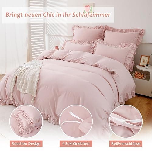 TOCOMOA Rüschen Bettwäsche 135x200 Mädchen, Aesthetic Bettwäsche-Sets Mikrofaser, Öko-Tex Zertifiziert, Weich Rosa Bettbezug mit Reißverschluss, Kopfkissenbezug 80x80cm thumbnail 5