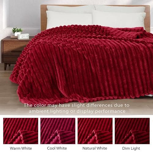 Exclusivo Mezcla Fleece Throw Blanket for Couch, Super Soft Striped Jacquard Bed Blanket, Lightweight Fuzzy Cozy for All Seasons, 50x60 Inches, Deep Red thumbnail 4