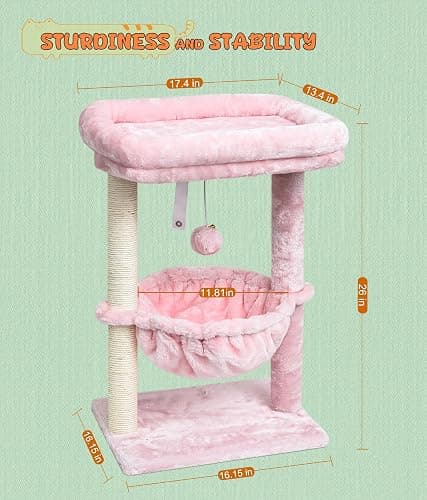 SYANDLVY Small Cat Tree for Indoor Cats, Activity Cat Tower with Scratching Post for Kittens, Modern Cat Furniture with Basket & Hanging Ball for Play Rest, Pink thumbnail 2