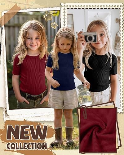 YooAurvox 3 Pack Girls' Short Sleeve T-Shirts Kids Ribbed Soft Tees Crew Neck Slim Basic Tops Solid Color 5-14 Years thumbnail 3