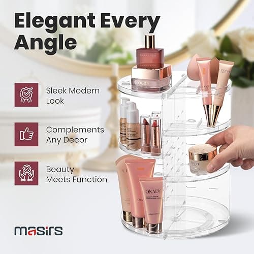 Masirs 360 Rotating Makeup Organizer Countertop - Adjustable Shelf Height - The Perfect Round Spinning Cosmetic Organizer for Bedroom Dresser or Vanity Countertop Storage (Clear) thumbnail 2
