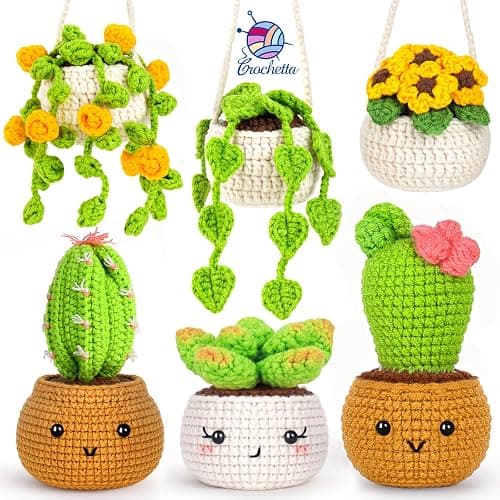 Crochetta Crochet Kit for Beginners, Crochet Starter Kits for Adults, Amigurumi Craft Knitting Crocheting Kits with Step-by-Step Video Tutorials, 6 Pc Hanging Potted Plants Family(40%+ Yarn - Image 1