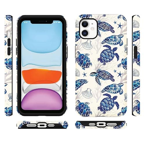 Vulfwela Summer Turtle Phone Case for iPhone 12/12 Pro, Shcokproof Cove for Women Men - White Blue Tortoise Shell thumbnail 5