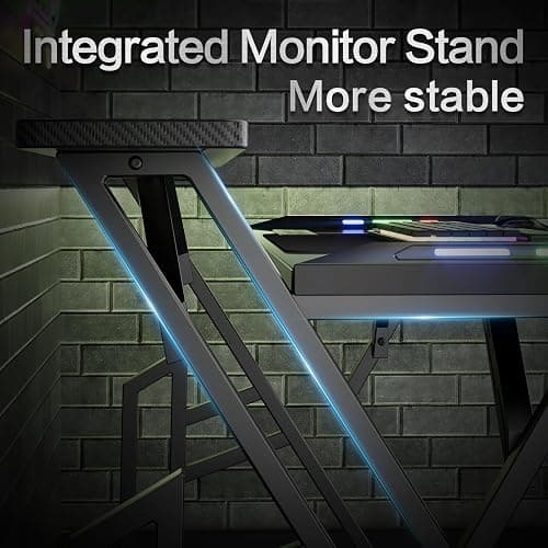 Czlolo 47 Inch Gaming Desk with Led Lights & Power Outlets & USB Ports, Upgraded Integrated Monitor Stand Computer Desk, Gaming Table for Small Space, Black Carbon Fiber Surface Gamer Desk thumbnail 3