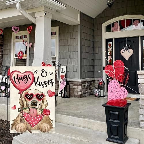 AVOIN colorlife Valentine's Day Dog Garden Flag 12x18 Inch Golden Retriever Hugs Kisses Double Sided, Anniversary Wedding Yard Outdoor Flag thumbnail 4