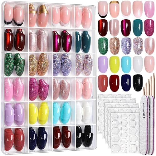 FANDAMEI Press on Nails, 24 Colors 576PCS Press on Nails Oval, Cat Eye Press on Nails Short, Glitter Fake Nails, Press on Nails French Tip Natural Glossy Nails for Nail Art - Image 1