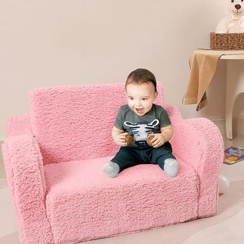 MOMCAYWEX Kids Chairs for Toddler, 2-in-1 Toddler Soft Sherpa Couch Fold Out, Convertible Sofa to Lounger for Girls and Boys, Pink - Pink - Medium thumbnail 5