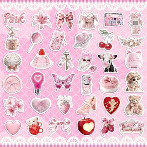 200PCS Pink Coquette Stickers for Girls, Cute Aesthetic Vinyl Stickers for Scrapbooking, Laptop, Phone, Guitar & Water Bottles thumbnail 3