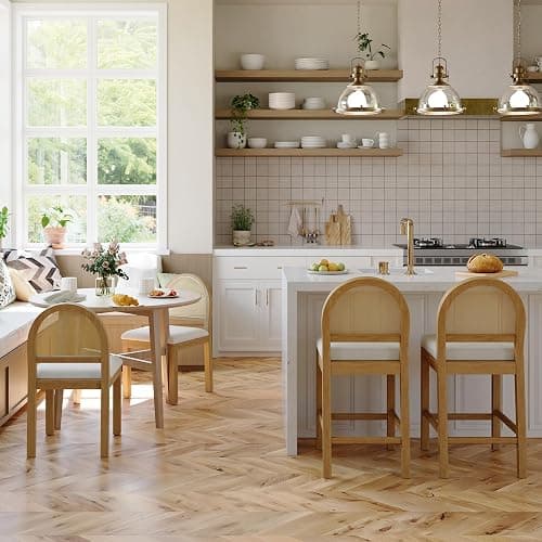 STHOUYN Upholstered Rattan Bar Stools Set of 4, Wooden Counter Height Stools with Natural Rattan Woven Back and Chenille Seat, Mid-Century Modern Island Chairs Barstools for Kitchen (4, Cream White) thumbnail 9