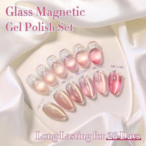 Double Rhythm Cat Eye Gel Nail Polish Set of 6 Same Color Same Bottle 0.5 Oz Shimmer Glitter with Magnet Holographic Reflective Magnetic UV Nail Polish Kit at Home (Glass Nude Pink Rose-T6-32) - Rose Pink thumbnail 5